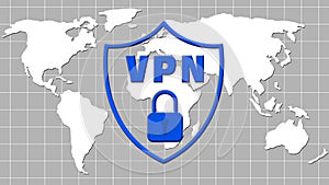 VPN blue logo in shield with padlock over grid pattern with white world map on gray background - cyber security concept