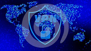 VPN blue logo in shield with padlock on world map over mosaic background in blue design - cyber security concept