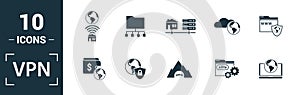 Vpn icon set. Include creative elements , archiving, site security, home server, cloud storage hacking icons. Can be used for