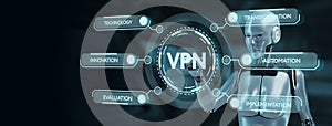 VPN network security internet privacy encryption concept.Robot pressing button on virtual screen. 3d render