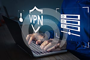 VPN secure connection concept. Person using Virtual Private Network technology on laptop computer to create encrypted tunnel to