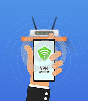 VPN security system. Secure wireless network connection vector illustration. Cartoon hand holding smartphone and use virtual