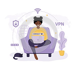 VPN service. African woman using virtual private network. Personal information and data safety. Password security