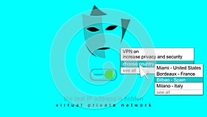 VPN service. Virtual private network, the real IP is hidden, navigate choosing the country. Online security.