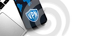 VPN on smartphone. Virtual private network, anonymous, safe and secure internet access on mobile phone. Desktop banner