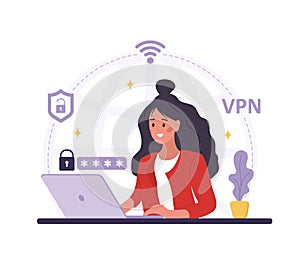 VPN Technology concept. Woman using app for protect personal data. Cyber security. Virtual private network connection
