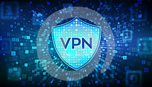 VPN. Virtual private network. Data encryption, IP substitute. Secure VPN connection concept. Cyber security and privacy. Binary
