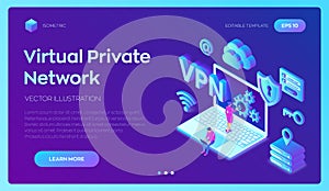 VPN. Virtual private network. Data encryption, IP substitute. Secure VPN connection concept. Cyber security and privacy, Isometric