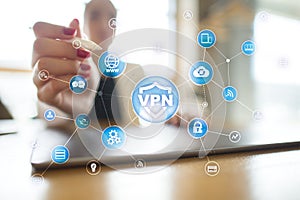 VPN Virtual Private network protocol. Cyber security and privacy connection technology. Anonymous Internet.