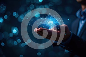 VPN virtual private network security internet tunneling protocol concept. Man using VPN to Remote Server