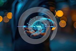 VPN virtual private network security internet tunneling protocol concept. Man using VPN to Remote Server