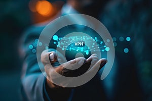 VPN virtual private network security internet tunneling protocol concept. Man using VPN to Remote Server