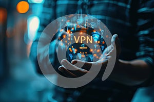 VPN virtual private network security internet tunneling protocol concept. Man using VPN to Remote Server