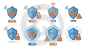 VPN Virtual Private Network security service. Secure encrypted connection. Shield with lock icon set. Internet privacy. Vector
