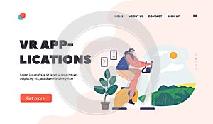 VR Application Landing Page Template. Character Cycling On Exercise Bike in Virtual Reality Pedaling Through Landscapes