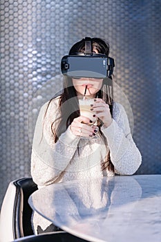 VR background white reflection girl face phone Woman virtual reality headset brunette phone