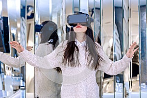 VR background white reflection girl face woman virtual reality headset brunette phone mirror