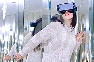 VR background white reflection girl face woman virtual reality headset brunette phone mirror