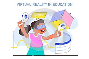 VR in children education. Little school girl gaining knowledge with help