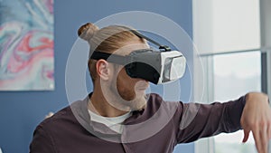 Vr designer hands swiping screen at office closeup. Headset man creating game