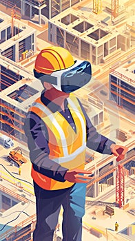 VR-Enabled Construction Oversight. Worker manages construction site using VR headset photo