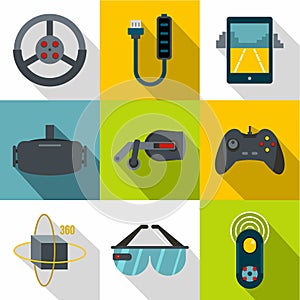 VR entertainment icon set, flat style