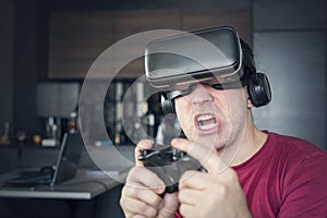 vr game and virtual reality. man gamer fun playing on futuristic simulation video shooting explore game in 3d glasses