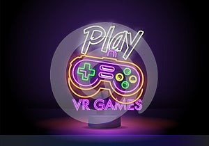 VR Games Logos Vector Conceptual Neon Signs. Game stick neon sign. Video Games Emblems Design Template, modern trend