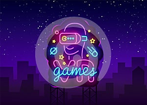 VR games neon sign vector. Virtual Reality Logotype Games, Emblem in Modern Trend Design, Vector Template, Light Banner