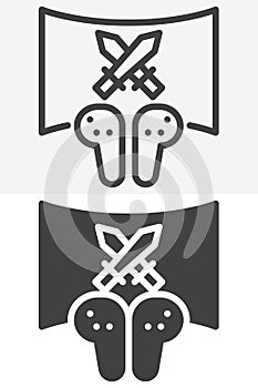 VR gaming challenge icon set in line and solid style