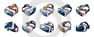 Vr headset cartoon vector set. Virtual reality goggles meta universe digital gaming hi tech gadget device illustrations