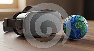 VR Headset and Clay Earth Globe, Virtual Reality Education Concept, Digital Learning Technology