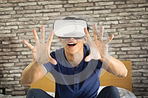 The VR headset design is generic and no logos, Man wearing virtu