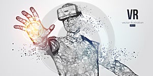 VR headset holographic low poly wireframe vector banner. Polygonal man wearing virtual reality glasses. VR games playing