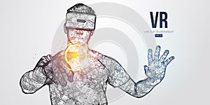 VR headset holographic low poly wireframe vector banner. Polygonal man wearing virtual reality glasses. VR games playing