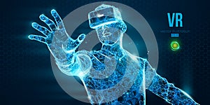 VR headset holographic low poly wireframe vector banner. Polygonal man wearing virtual reality glasses. VR games playing