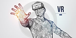 VR headset holographic low poly wireframe vector banner. Polygonal man wearing virtual reality glasses. VR games playing