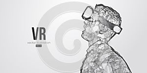 VR headset holographic low poly wireframe vector. Polygonal man wearing virtual reality glasses helmet. VR games playing