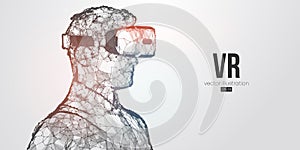 VR headset holographic low poly wireframe vector. Polygonal man wearing virtual reality glasses helmet. VR games playing