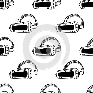 VR headset seamless vector pattern. Glasses, helmet of virtual and augmented reality. Modern technology, device for