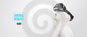 VR headset technology. 3d of the man, wearing virtual reality glasses on white background. VR games. Vector illustration