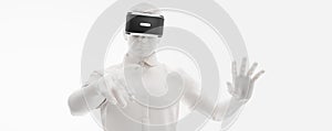 VR headset, technology. 3d render of the man, wearing virtual reality glasses on white background. VR games