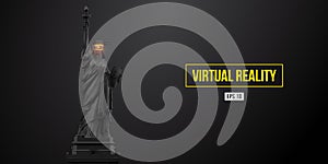 VR headset technology. 3d render of the statue of Liberty, woman wearing virtual reality glasses on black background
