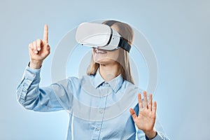 VR headset, woman and metaverse, futuristic technology with virtual screen on blue background. Digital, video game and