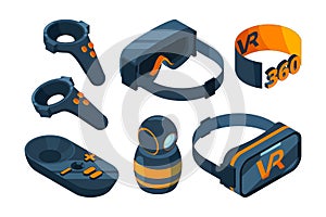 VR isometric Icon. Immersed virtual reality experience gaming equipment helmet and glasses simulator vector 3D pictures