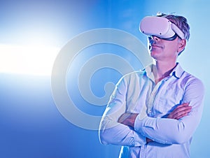 VR, metaverse or senior man with futuristic technology, 3d glasses or virtual reality cyberspace for digital innovation