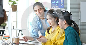 VR mobile phone application test, Asian woman with virtual reality glasses headset in VR experience, Asia business team developers