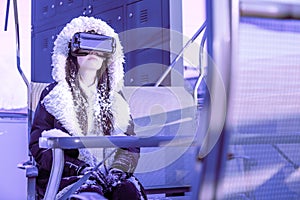 VR pink purple blue girl face woman virtual reality headset brunette phone futuristic violet sky furniture winter