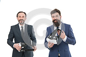 Vr presentation. Men vr glasses modern technology. Virtual business. Online business concept. Men bearded formal suits