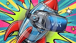 VR Rocket Launch Virtual Reality Headset on Spaceship, Pop Art
